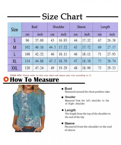 Tops 3/4 Sleeve Shiny Butterfly Marble Stripe Tie-Dye Vintage Style Floral Print O Neck Plus Size Elegant Top 01-cyan $9.86 Tops