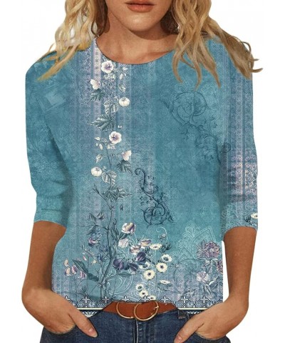 Tops 3/4 Sleeve Shiny Butterfly Marble Stripe Tie-Dye Vintage Style Floral Print O Neck Plus Size Elegant Top 01-cyan $9.86 Tops