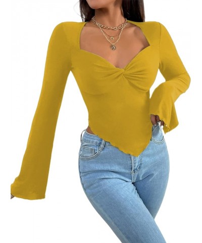Women's Long Sleeve Square Neck Crop Top Twist Front Asymmetrical Shirt Yellow $13.49 T-Shirts