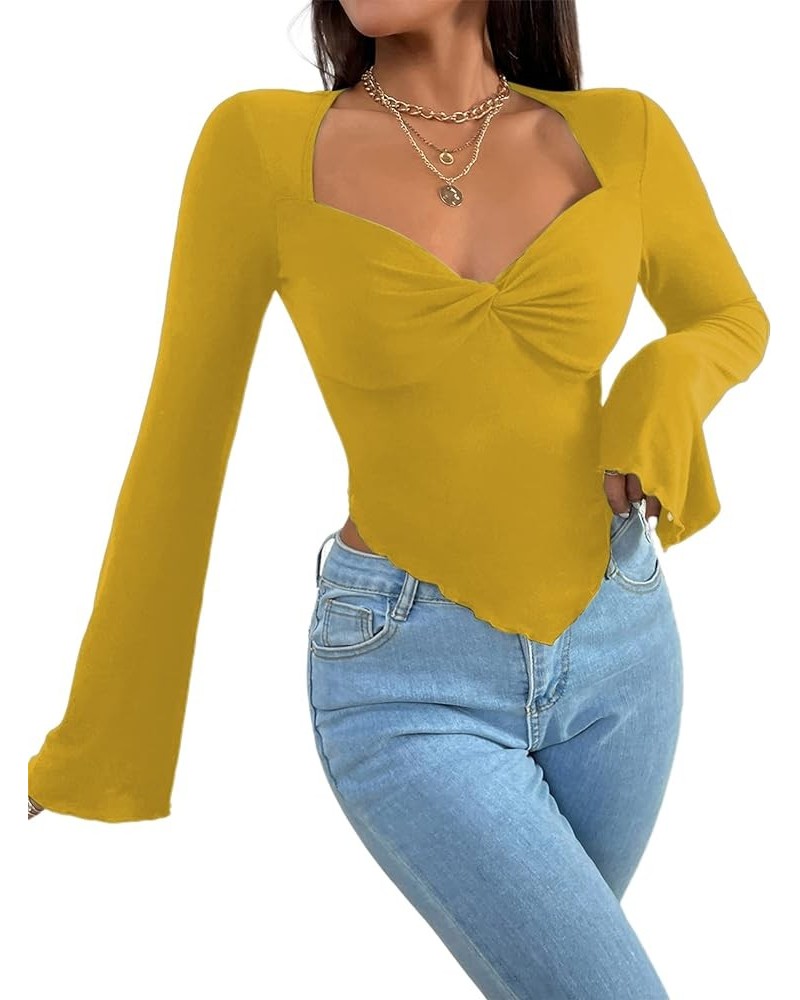 Women's Long Sleeve Square Neck Crop Top Twist Front Asymmetrical Shirt Yellow $13.49 T-Shirts
