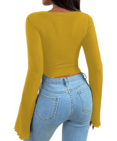 Women's Long Sleeve Square Neck Crop Top Twist Front Asymmetrical Shirt Yellow $13.49 T-Shirts