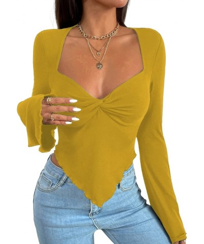 Women's Long Sleeve Square Neck Crop Top Twist Front Asymmetrical Shirt Yellow $13.49 T-Shirts