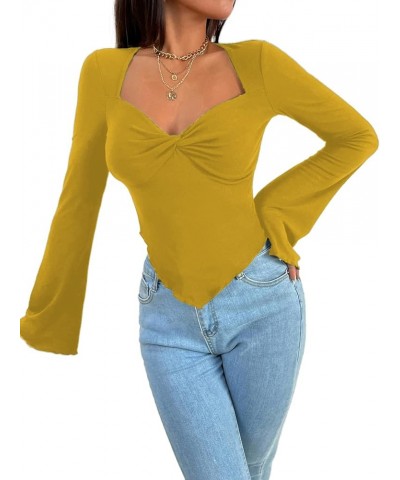 Women's Long Sleeve Square Neck Crop Top Twist Front Asymmetrical Shirt Yellow $13.49 T-Shirts