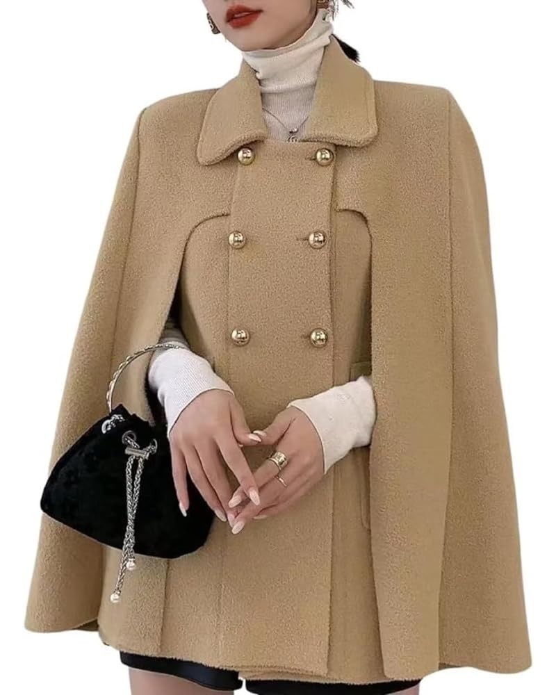 Women's Wool Blend Coat Elegant Poncho Double-Breast Slit Sleeve Flowy Wool Blend Cape Cloak Coat Khaki $27.30 Coats