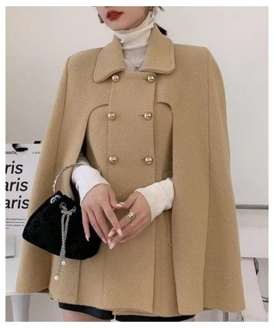 Women's Wool Blend Coat Elegant Poncho Double-Breast Slit Sleeve Flowy Wool Blend Cape Cloak Coat Khaki $27.30 Coats