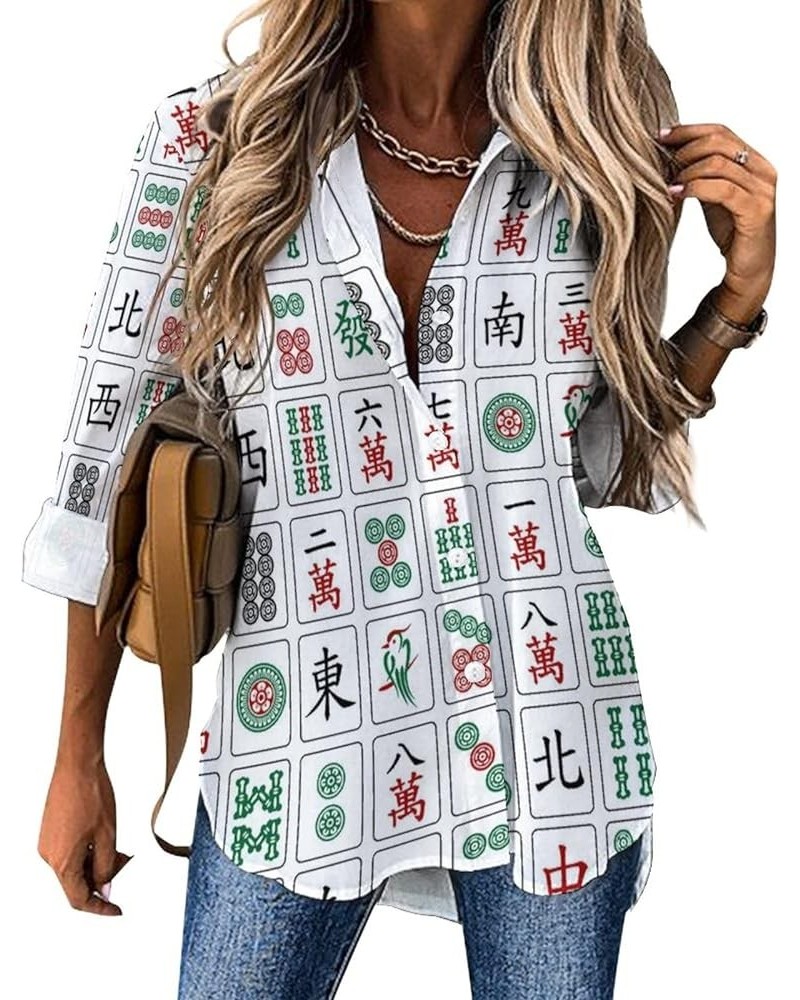 Chinese Mahjong Women's Shirt Long Sleeve Button Down Blouse V Neck Casual Shirts Tops 3X-Large Style $15.08 Blouses