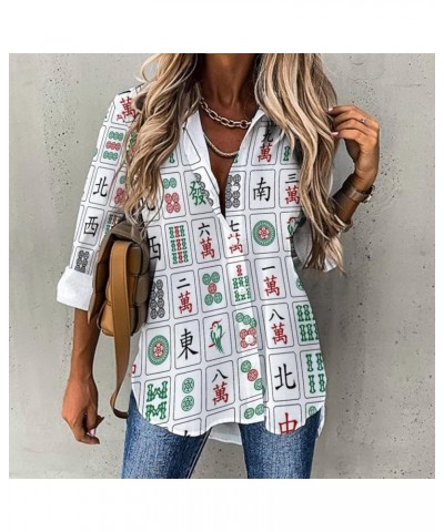 Chinese Mahjong Women's Shirt Long Sleeve Button Down Blouse V Neck Casual Shirts Tops 3X-Large Style $15.08 Blouses