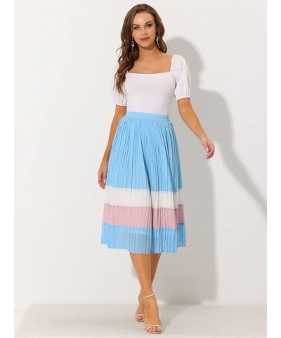 Women's Summer Elastic Waist Color Block A-Line Pleated Chiffon Midi Skirt Light Blue $21.65 Skirts