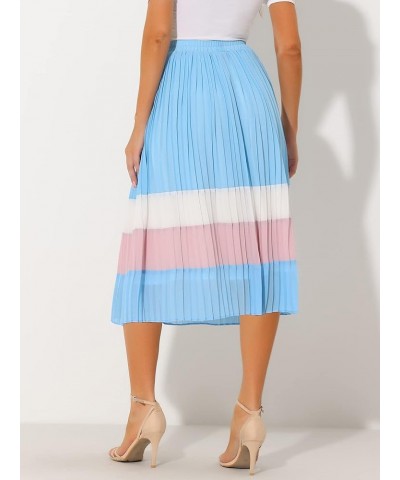 Women's Summer Elastic Waist Color Block A-Line Pleated Chiffon Midi Skirt Light Blue $21.65 Skirts