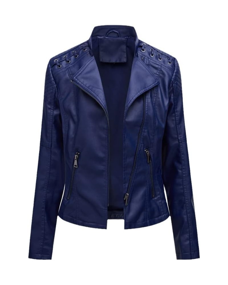 Spring Autumn Black Slim Fit Women Leather Jacket Basic Casual Motorcycle Coat Streetwear 6638 Navy $31.52 Jackets
