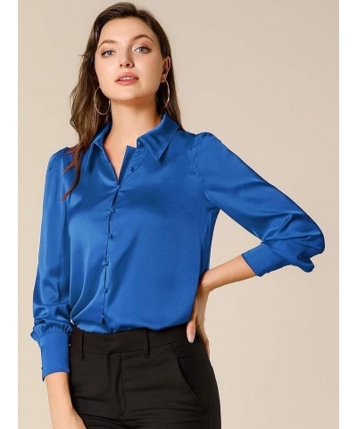 Women's Satin Blouse Puff Sleeve Point Collar Spring Vintage Button Down Shirt Tops Royal Blue $19.43 Blouses