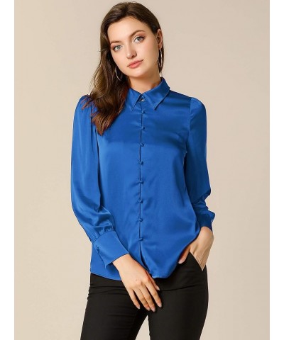 Women's Satin Blouse Puff Sleeve Point Collar Spring Vintage Button Down Shirt Tops Royal Blue $19.43 Blouses