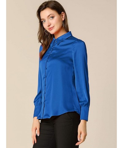 Women's Satin Blouse Puff Sleeve Point Collar Spring Vintage Button Down Shirt Tops Royal Blue $19.43 Blouses
