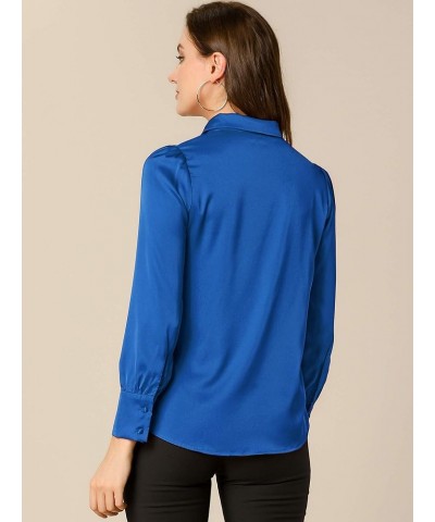 Women's Satin Blouse Puff Sleeve Point Collar Spring Vintage Button Down Shirt Tops Royal Blue $19.43 Blouses