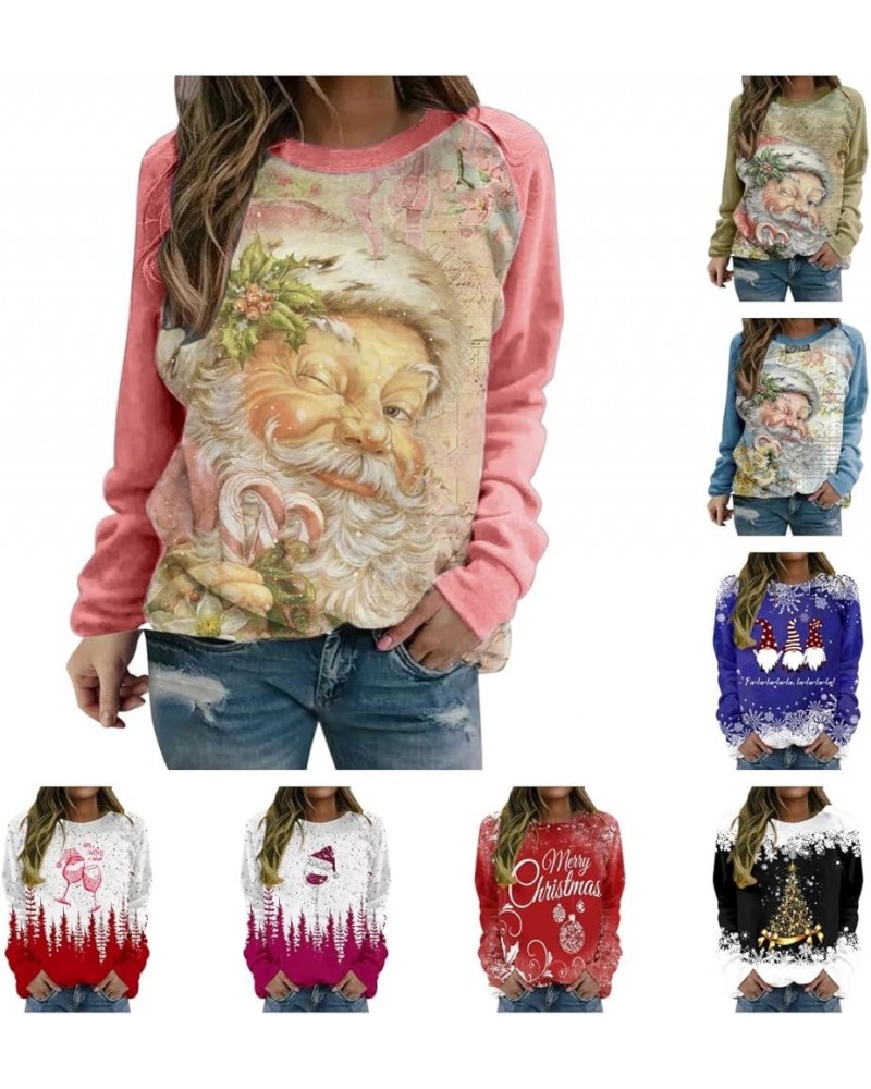 Women's Round Neck Sweatshirt Long Sleeved Raglan Santa Printed Top Fall Winter Fashion Christmas Casual Sweater A-blue $9.32...