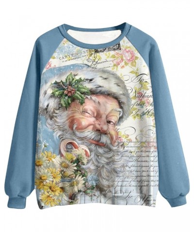 Women's Round Neck Sweatshirt Long Sleeved Raglan Santa Printed Top Fall Winter Fashion Christmas Casual Sweater A-blue $9.32...