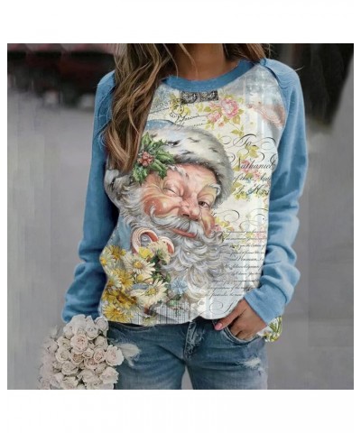 Women's Round Neck Sweatshirt Long Sleeved Raglan Santa Printed Top Fall Winter Fashion Christmas Casual Sweater A-blue $9.32...