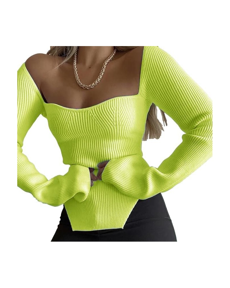Women's Basic Ribbed Knit Square Neck Crop Top Slim Fitted Sweater Long Sleeve Pullover Solid Color Pullover top Fruit Green ...