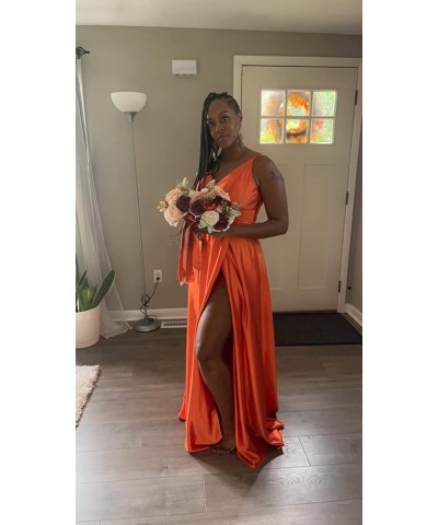Women's V Neck Satin Bridesmaid Dresses with Slit Spaghetti Straps Formal Prom Gowns with Pockets MDPM96 Mustard Yellow $34.7...