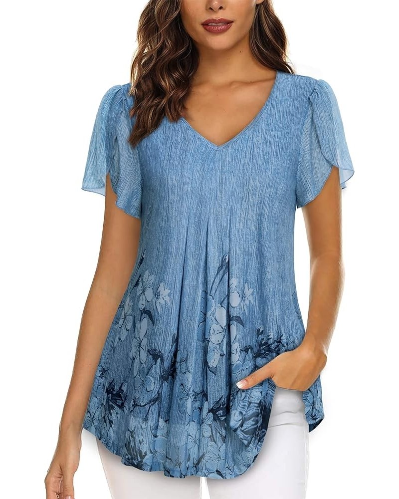 Womens Tops Short Sleeve Shirts Casual V Neck Blouse Double Layers Mesh Tunics Tops Multi Blue $21.65 Blouses