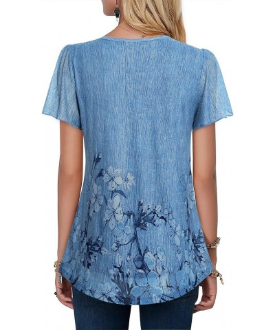 Womens Tops Short Sleeve Shirts Casual V Neck Blouse Double Layers Mesh Tunics Tops Multi Blue $21.65 Blouses