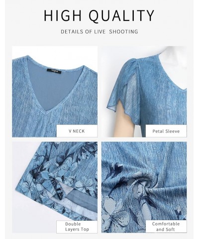 Womens Tops Short Sleeve Shirts Casual V Neck Blouse Double Layers Mesh Tunics Tops Multi Blue $21.65 Blouses