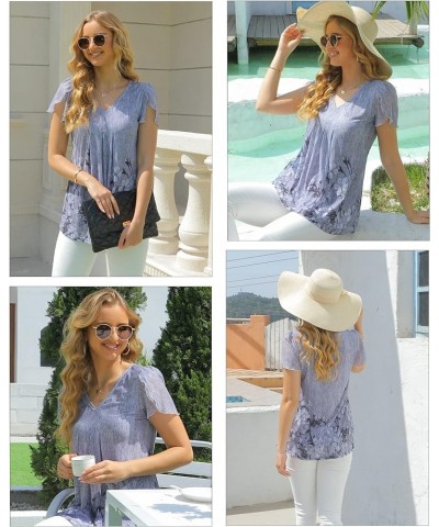 Womens Tops Short Sleeve Shirts Casual V Neck Blouse Double Layers Mesh Tunics Tops Multi Blue $21.65 Blouses