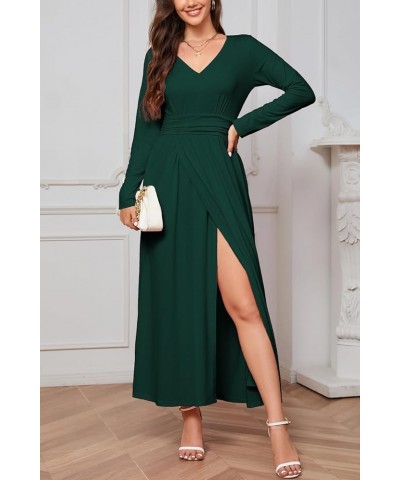 Women 2023 Fall Dresses Long Sleeve V Neck High Waist Slit Casual Long Wedding Guest Dress with Pockets Dark Green $13.49 Dre...