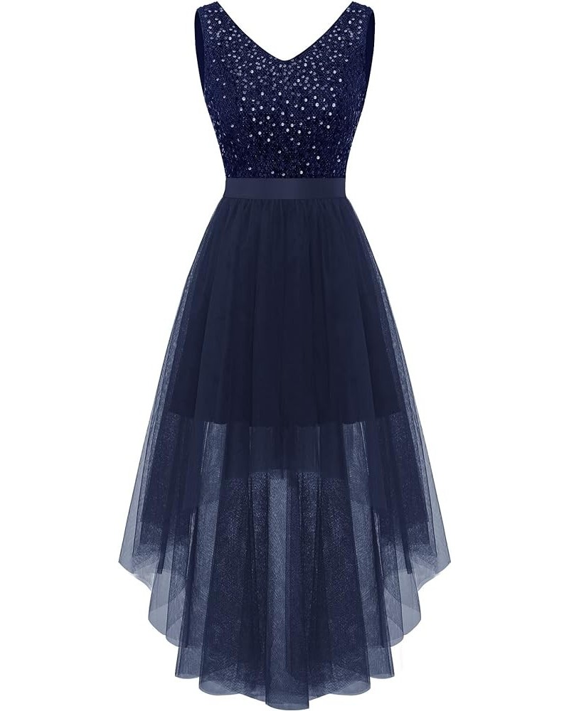 Women's Sparkly Sequin Glitter Dress 2024 Cocktail Prom Wedding Guest Dress Hi-Lo V Neck Tulle Formal Party Dress Navy $25.85...