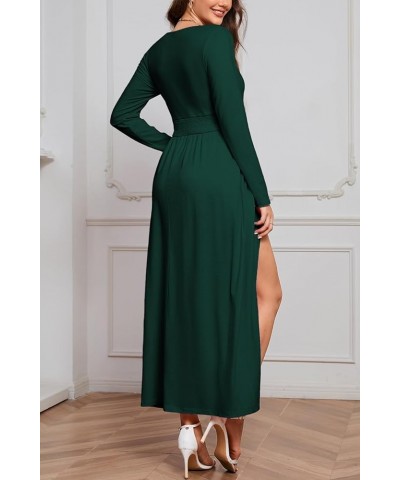 Women 2023 Fall Dresses Long Sleeve V Neck High Waist Slit Casual Long Wedding Guest Dress with Pockets Dark Green $13.49 Dre...