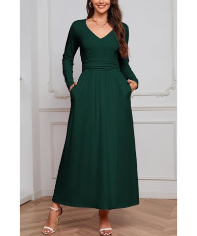 Women 2023 Fall Dresses Long Sleeve V Neck High Waist Slit Casual Long Wedding Guest Dress with Pockets Dark Green $13.49 Dre...