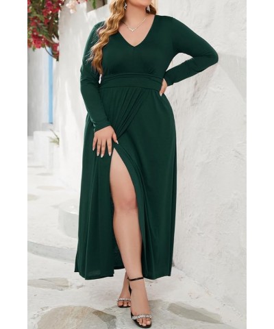 Women 2023 Fall Dresses Long Sleeve V Neck High Waist Slit Casual Long Wedding Guest Dress with Pockets Dark Green $13.49 Dre...