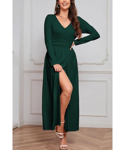Women 2023 Fall Dresses Long Sleeve V Neck High Waist Slit Casual Long Wedding Guest Dress with Pockets Dark Green $13.49 Dre...