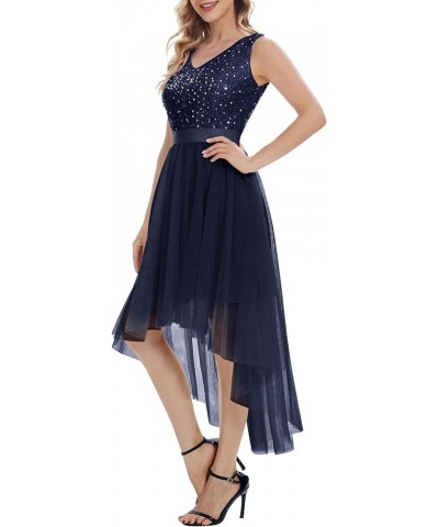 Women's Sparkly Sequin Glitter Dress 2024 Cocktail Prom Wedding Guest Dress Hi-Lo V Neck Tulle Formal Party Dress Navy $25.85...