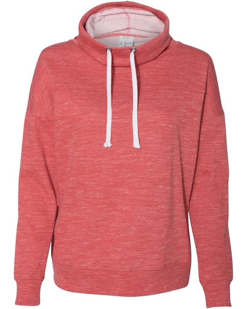 8674 Women's Melange Fleece Striped Sleeve Hooded Pullover Red $20.05 Hoodies & Sweatshirts