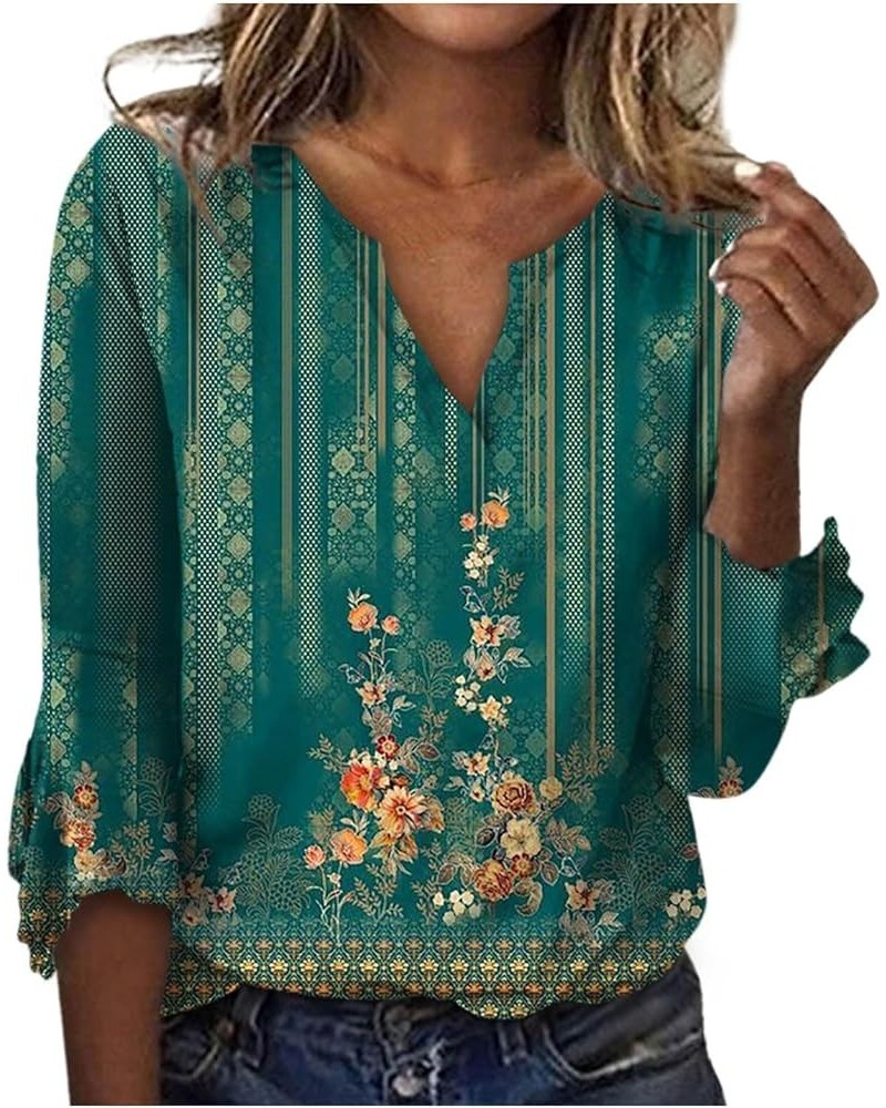 3/4 Sleeve Flower T Shirts for Women V Neck Summer Crop Tops Cap Sleeve Bohemia Flower Tshirt Half Sleeve Tunic Dark Green-02...