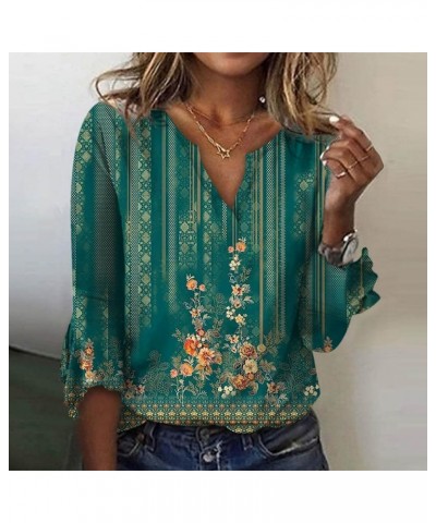 3/4 Sleeve Flower T Shirts for Women V Neck Summer Crop Tops Cap Sleeve Bohemia Flower Tshirt Half Sleeve Tunic Dark Green-02...