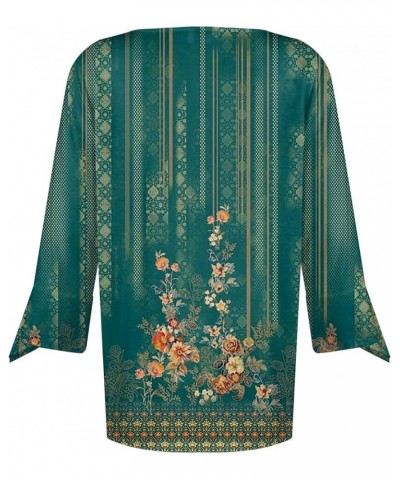 3/4 Sleeve Flower T Shirts for Women V Neck Summer Crop Tops Cap Sleeve Bohemia Flower Tshirt Half Sleeve Tunic Dark Green-02...