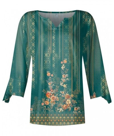 3/4 Sleeve Flower T Shirts for Women V Neck Summer Crop Tops Cap Sleeve Bohemia Flower Tshirt Half Sleeve Tunic Dark Green-02...