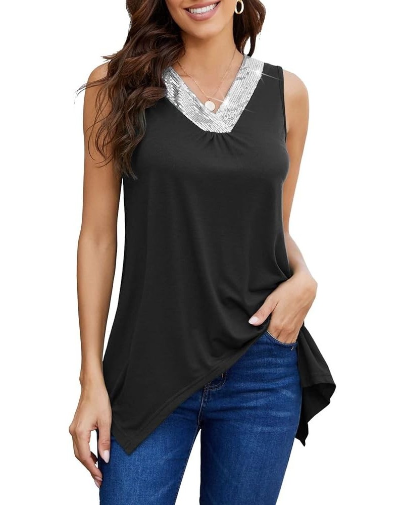 Women's Cotton Sleeveless Crew Neck Tunic Tank High Low Top Blouse Loose Fit Sequin-black $7.50 Tops
