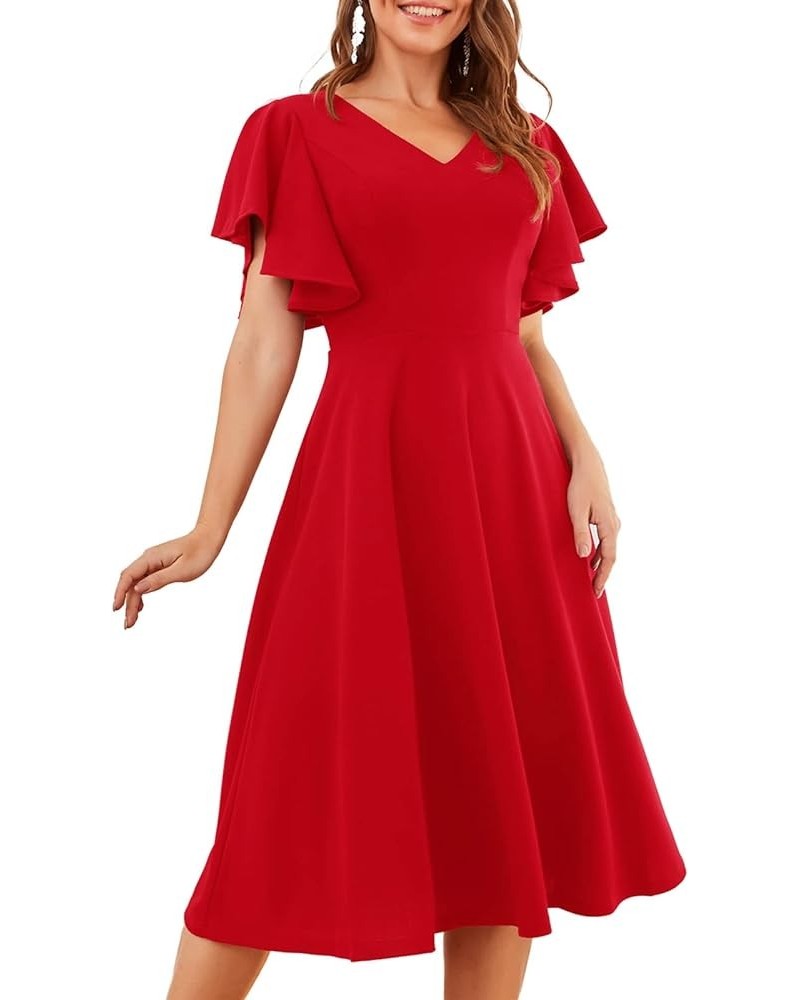 Casual Dresses Vintage Tea Dress Flared Sleeve Swing Party Dress Red $24.01 Dresses