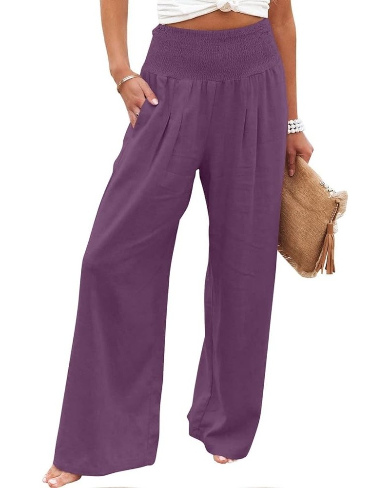 Linen Pants for Women 2023 Plus Size Solid Trousers Baggy Wide Leg Pants Elastic Waisted Lounge Pants with Pockets A05-purple...