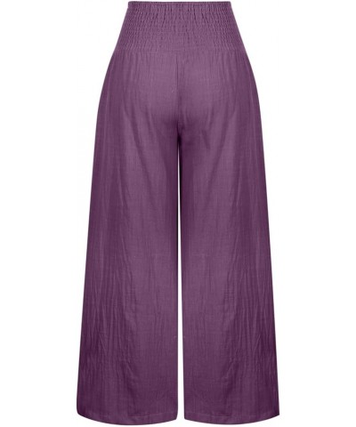 Linen Pants for Women 2023 Plus Size Solid Trousers Baggy Wide Leg Pants Elastic Waisted Lounge Pants with Pockets A05-purple...