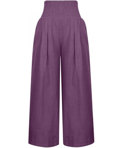 Linen Pants for Women 2023 Plus Size Solid Trousers Baggy Wide Leg Pants Elastic Waisted Lounge Pants with Pockets A05-purple...