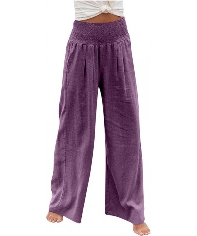 Linen Pants for Women 2023 Plus Size Solid Trousers Baggy Wide Leg Pants Elastic Waisted Lounge Pants with Pockets A05-purple...