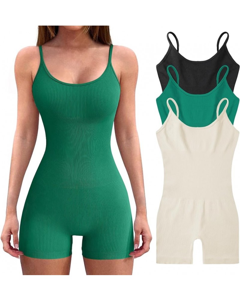 3pcs Women's Bodysuit Yoga Workout Romper One Piece Outfits Ribbed Sleeveless Going Out Bodycon Jumpsuit Shorts Black/Beige/G...