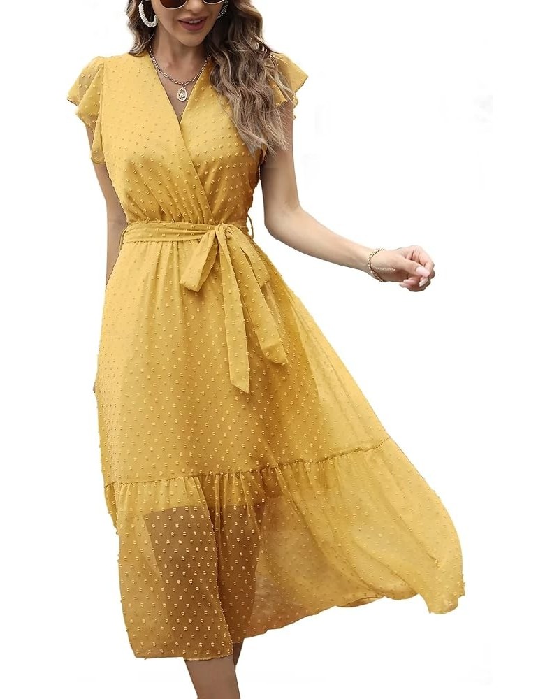 Women's Summer Floral Printed Wrap V Neck Cap Sleeve Beach Pleated Hem Party Midi Dress S-2XL B-swiss Dot Yellow $10.29 Dresses