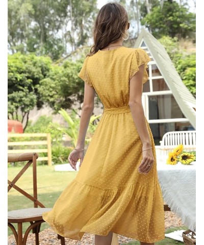 Women's Summer Floral Printed Wrap V Neck Cap Sleeve Beach Pleated Hem Party Midi Dress S-2XL B-swiss Dot Yellow $10.29 Dresses