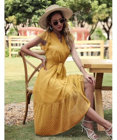 Women's Summer Floral Printed Wrap V Neck Cap Sleeve Beach Pleated Hem Party Midi Dress S-2XL B-swiss Dot Yellow $10.29 Dresses