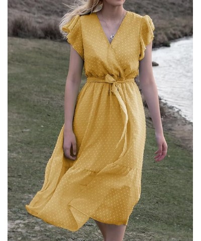 Women's Summer Floral Printed Wrap V Neck Cap Sleeve Beach Pleated Hem Party Midi Dress S-2XL B-swiss Dot Yellow $10.29 Dresses